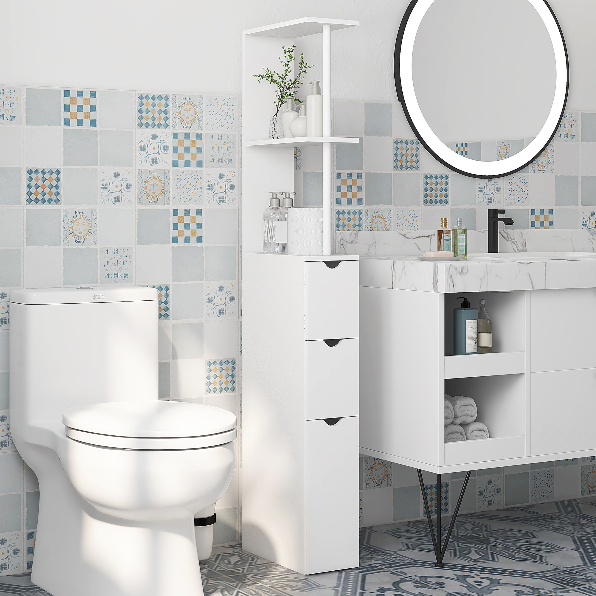 Colonne salle de bain style contemporain - 2 tiroirs, 2 étagères, porte - MDF métal blanc