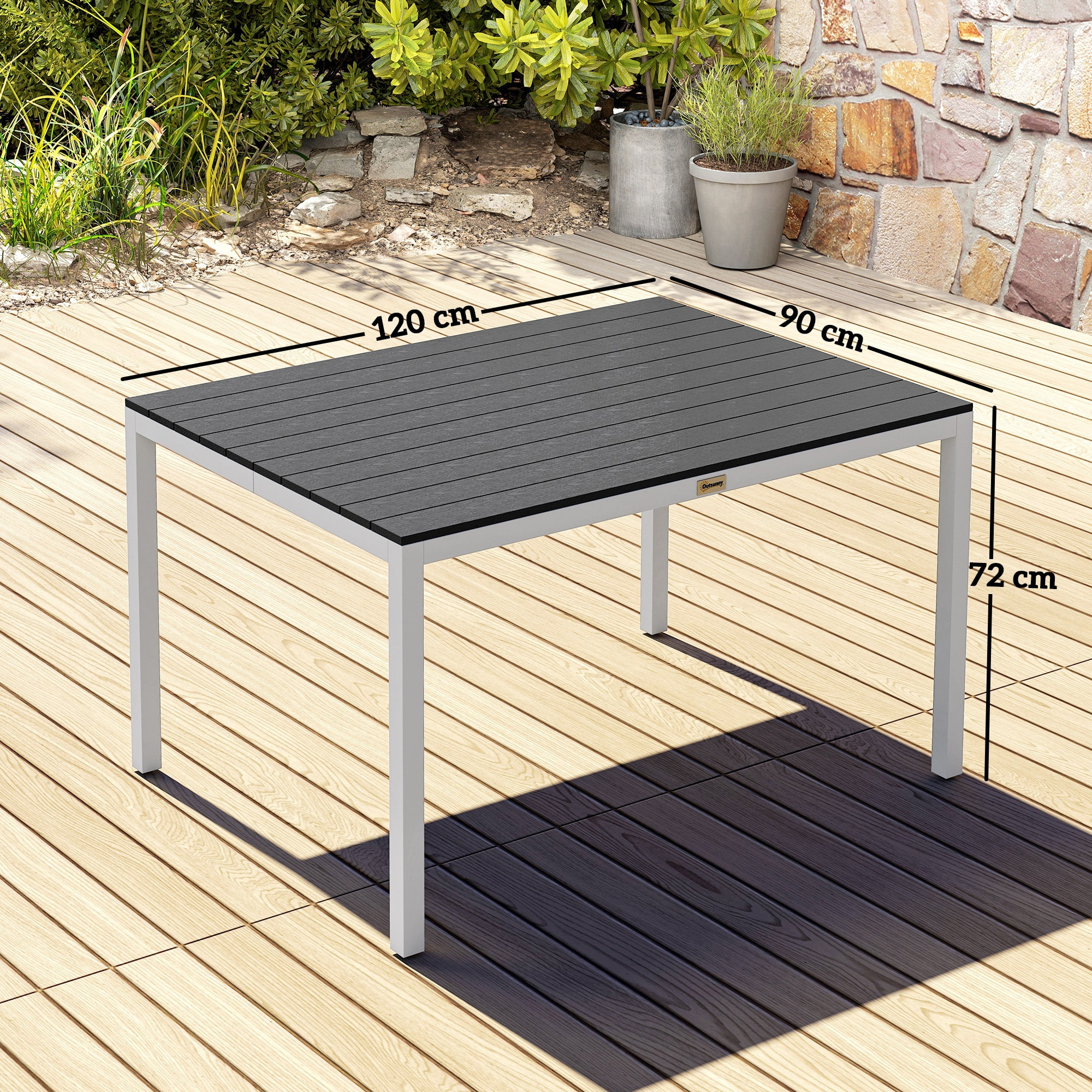 Mesa de Comedor de Jardín Rectangular Mesa de Terraza Exterior 120x90x72 cm con Estructura de Aluminio Imitación Madera y Encimera de Listones Carga 50 kg para Patio Balcón Negro