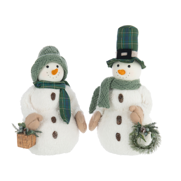 J-Line figurine Bonhomme de Neige Garçon + Fille - polyrésine - blanc/vert - 2 pcs