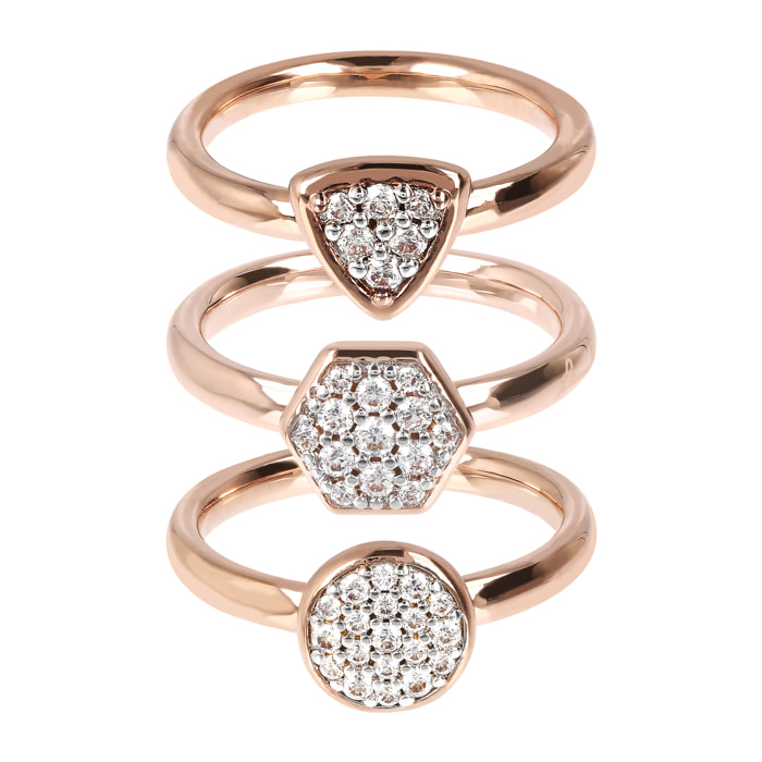 Set Di Tre Anelli Geometrici Pavé in Golden Rosé con Cubic Zirconia Placcato Oro Rosa 18k