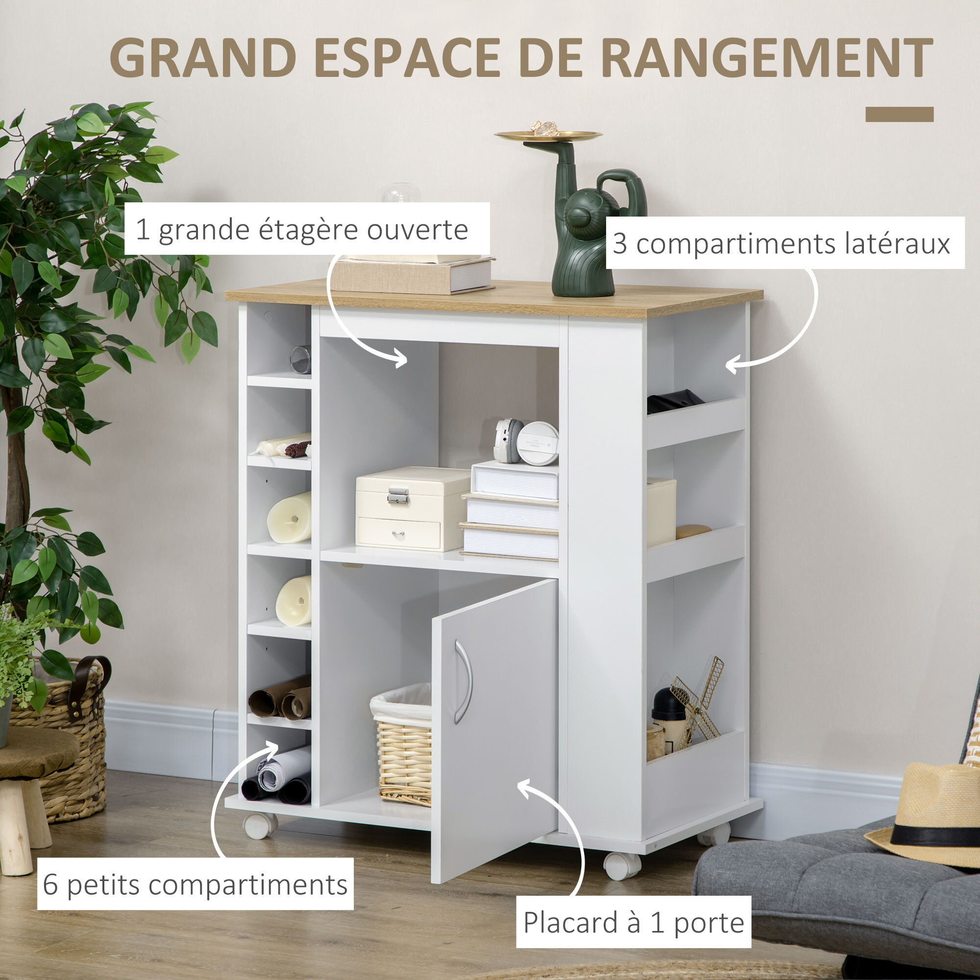 Desserte de cuisine multi-rangement porte grande niche 5 étagères 3 compartiments blanc aspect chêne clair