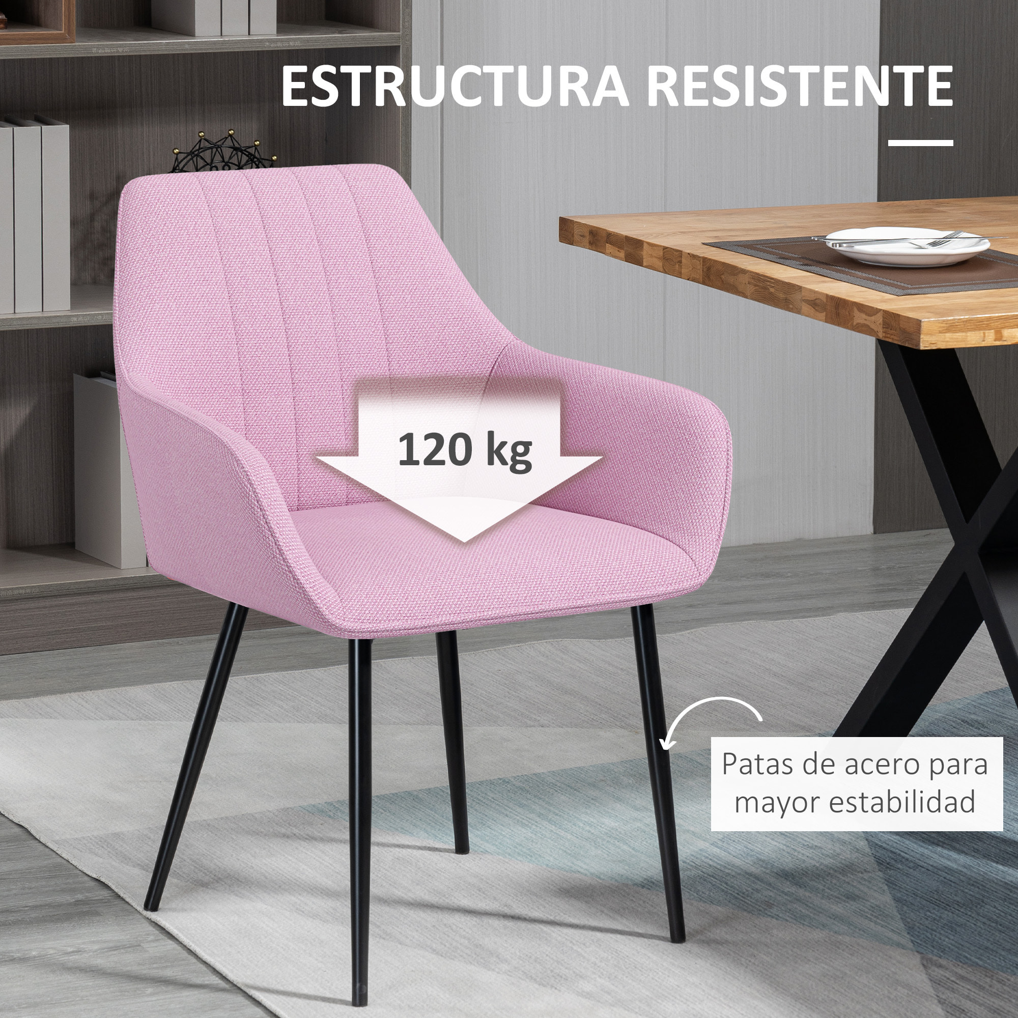 Pack de 2 Sillas de Comedor Sillas Decorativas Tapizadas en Lino Sillas de Cocina con Respaldo Reposabrazos y Patas de Metal para Salón 59,5x56,5x81 cm Rosa