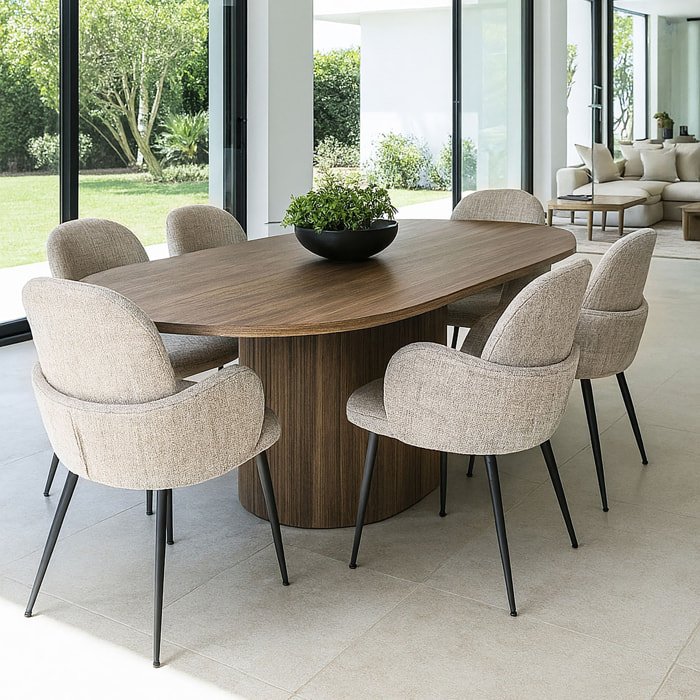 Ensemble table ovale extensible et 6 fauteuils en tweed SIERRA