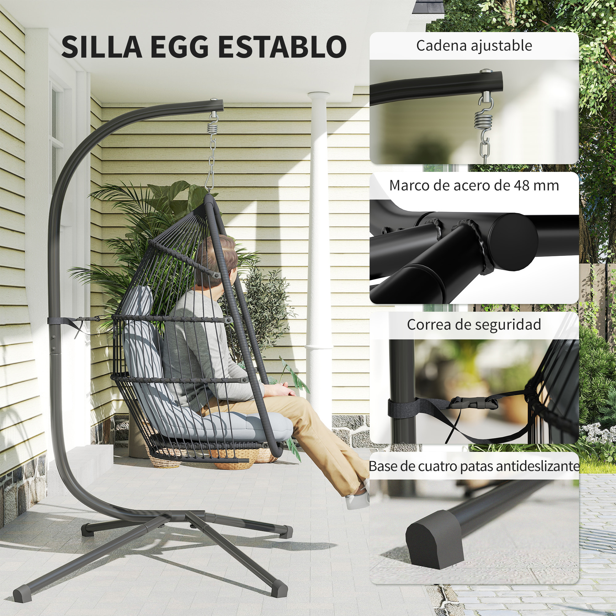Silla Colgante Huevo con Soporte, Columpio Jardín Exterior con Cesta Plegable, Cojín Anti-UV y Reposacabezas Desmontable para Interior y Exterior, Carga 150 kg, Gris Oscuro