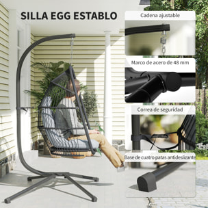 Silla Colgante Huevo con Soporte, Columpio Jardín Exterior con Cesta Plegable, Cojín Anti-UV y Reposacabezas Desmontable para Interior y Exterior, Carga 150 kg, Gris Oscuro