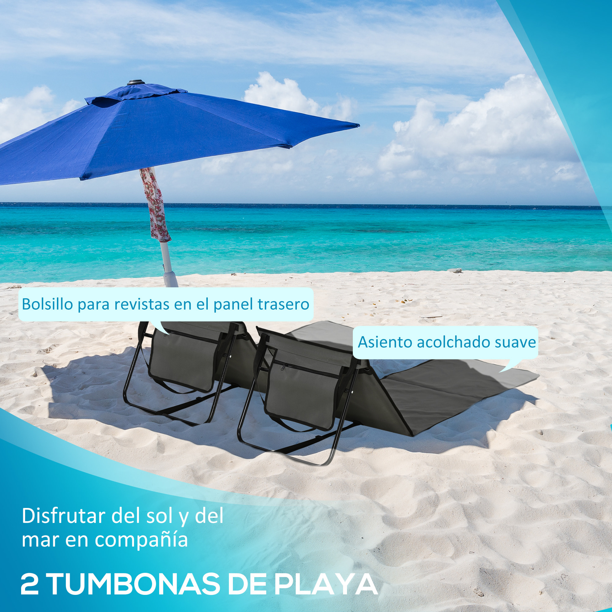 Conjunto de 2 Esterillas de Playa Plegable Esteras Acolchadas con Respaldo Reclinable y Bolsa de Transporte para Jardín Camping 142x51x40 cm Gris