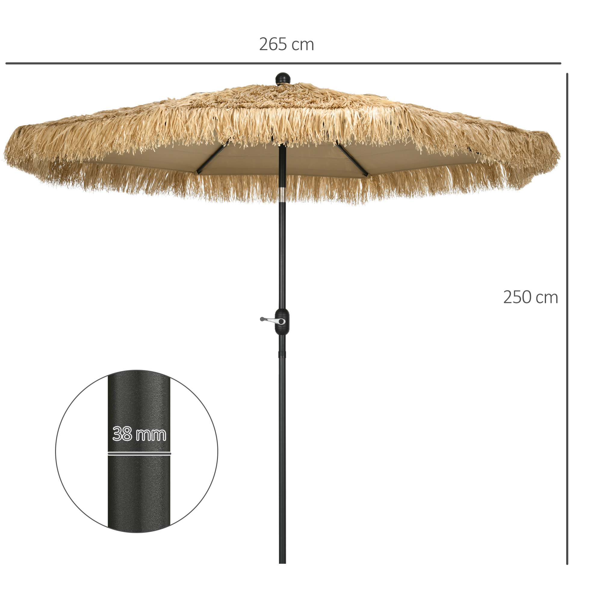 Parasol de jardin inclinable design Hawaï 265 cm raphia artificiel kaki