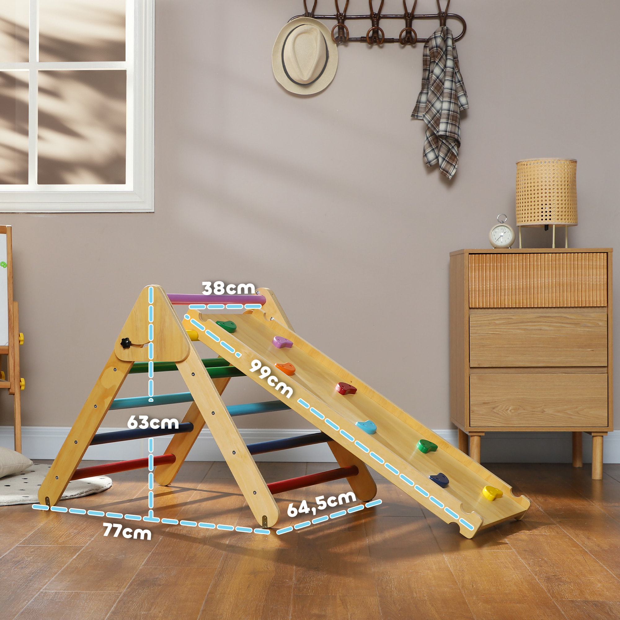 3 en 1 Triángulo de Escalada Montessori, Escalada para Niños de Madera Plegable, para18-48 Meses, con Rampa, para Deslizarse o Escalar, 147x64,5 cm, Multicolor