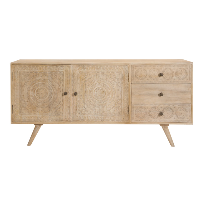 Buffet en bois gravé 2 portes 3 tiroirs - Tiya