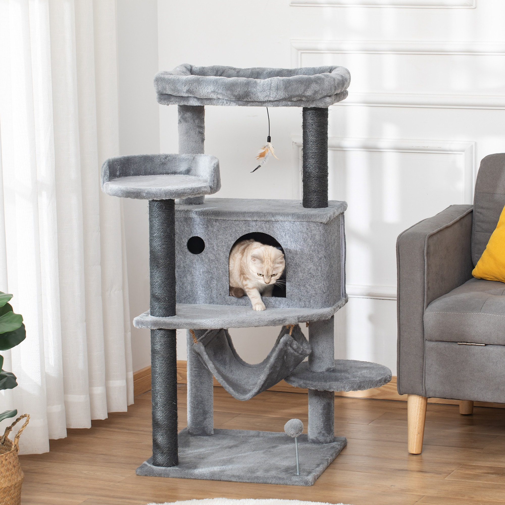 Árbol Rascador para Gatos 48x48x107 cm con Cueva de Fieltro Desmontable Hamaca Camas de Felpa Múltiples Plataformas Postes Rascadores de Sisal y Juguetes Gris