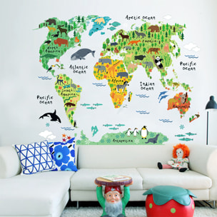 Stickers Muraux décoration adhésifs carte du monde pour enfants animaux du monde