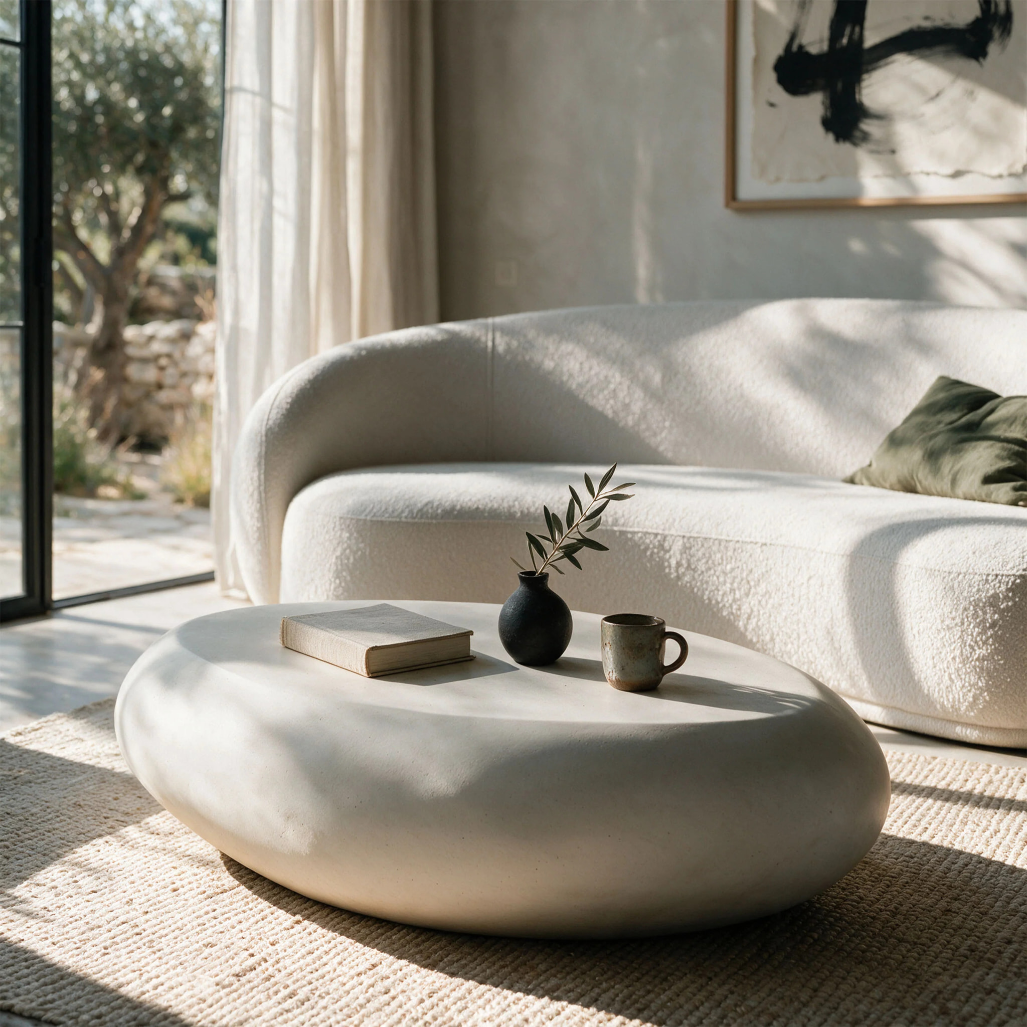 Table basse ovale écrue en fibre d'argile effet béton 105 cm - Maui