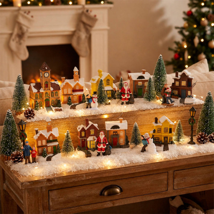 Pueblo navideño con led multicolor compuesto de 10 piezas, escena de invierno decorativa y funciona con pilas