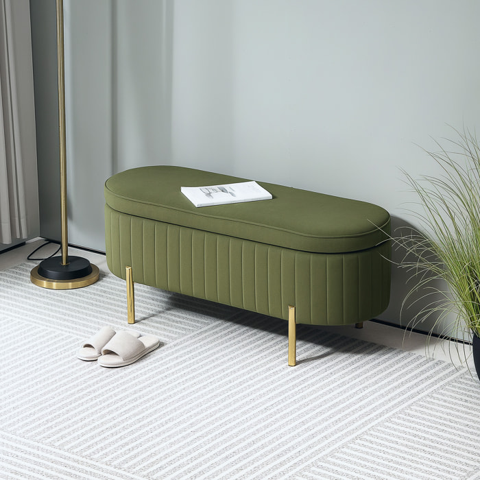 Banquette coffre 2 en 1 design ovale dim. 108x44x43cm velours kaki