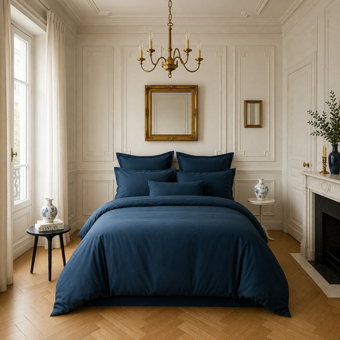 Housse de couette satin de coton bleu marine