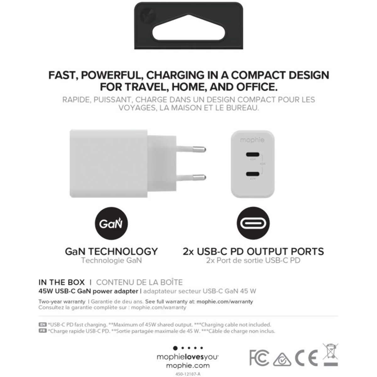 Chargeur USB C MOPHIE 45W duo Power Delivery Blanc x2 USB-C