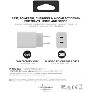 Chargeur USB C MOPHIE 45W duo Power Delivery Blanc x2 USB-C