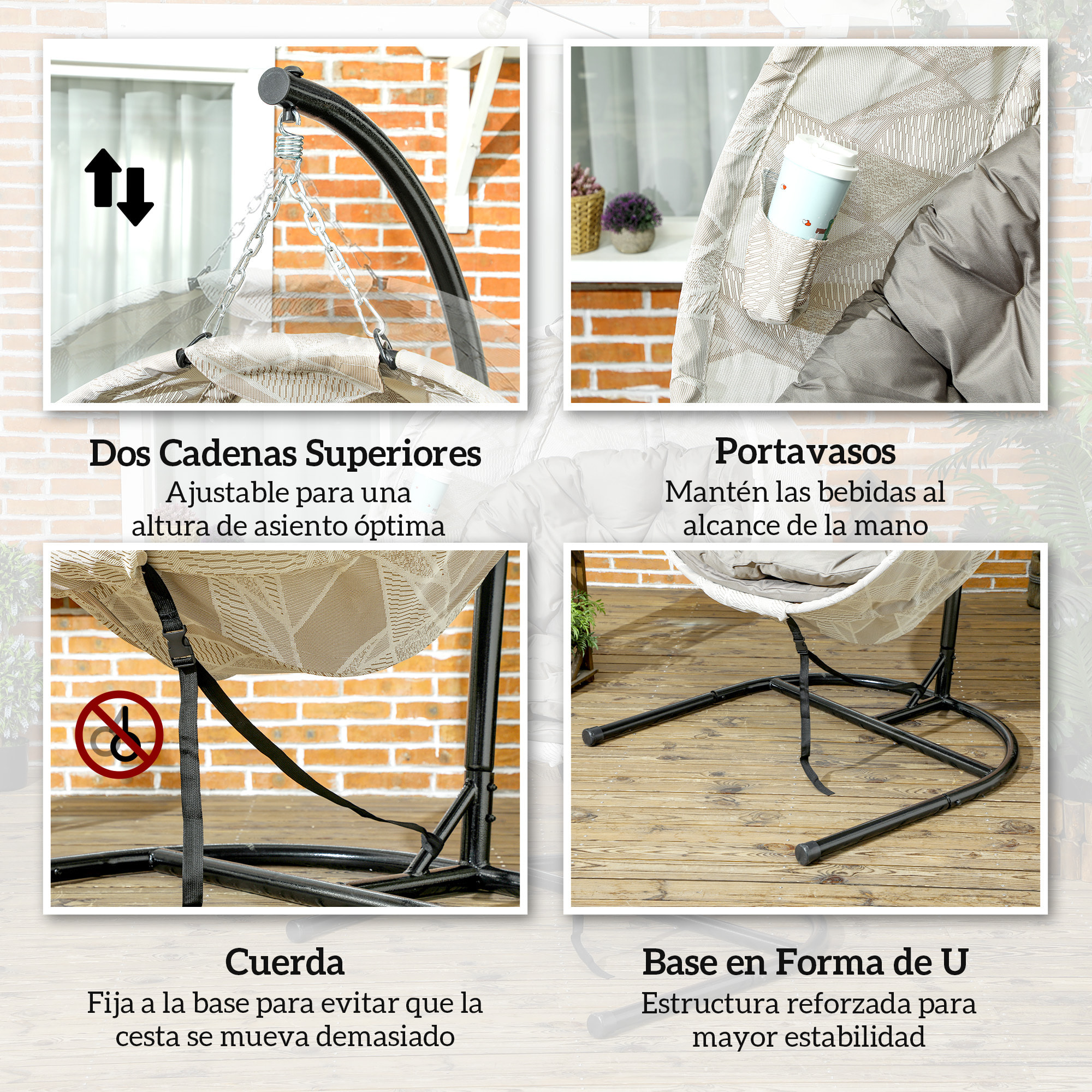 Silla Colgante Huevo con Soporte Columpio de Jardín Exterior con Cesta Plegable de Malla Doble Cojín y Portavasos Columpio Colgante para Interior y Exterior Carga 120 kg Arena y Negro