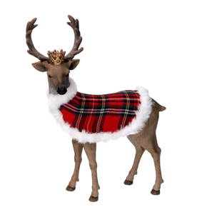 Renna in resina con mantello scozzese e corona naturale cm25,8x12,1h34,8