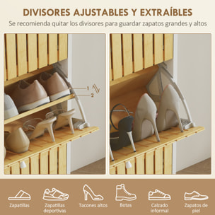 Zapatero Estrecho con 3 Puertas de Bambú con Listones Zapatero Entrada Recibidor con Estantes Ajustables para 18 Pares de Zapatos 60x24x118 cm Blanco y Natural