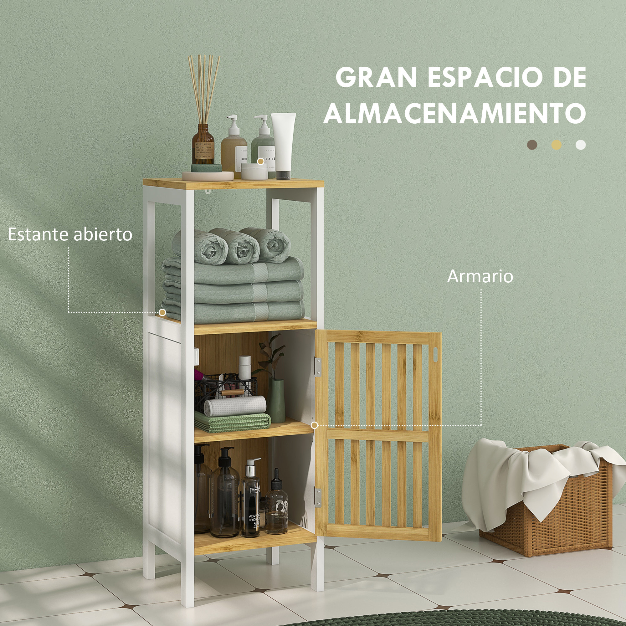 Armario Alto de Baño Columna de Baño Mueble Auxiliar de Baño con 1 Estante Abierto 1 Puerta y 1 Estante Ajustable 32x30x90,5 cm Natural y Blanco