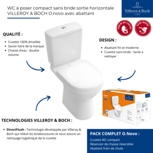 WC à poser compact sans bride sortie horizontale VILLEROY & BOCH O.novo avec abattant fein de chute