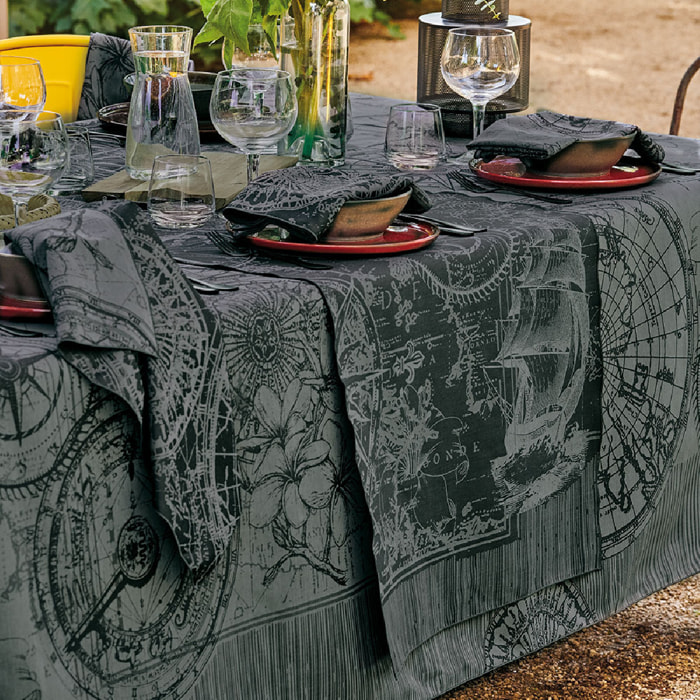 Chemin de table pur coton anti tache motif jacquard Rose des vents encre