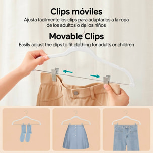 Set de perchas de terciopelo con clips ajustables - Antideslizantes, muy finas, con ganchos giratorios