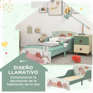 Cama Infantil de Madera 143x77x60 cm Cama para Niños de 3-6 Años con Barreras de Protección y Estampados Carga Máx. 40 kg Mueble de Dormitorio Moderno Verde