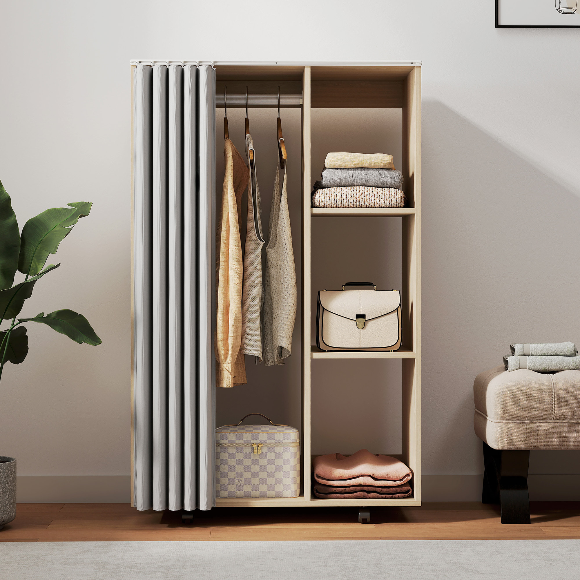 Armoire penderie sur roulettes - tringle, étagère, penderie, 3 compartiments - effet bois naturel rideau gris