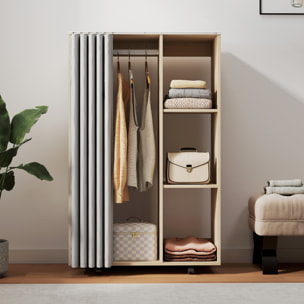 Armoire penderie sur roulettes - tringle, étagère, penderie, 3 compartiments - effet bois naturel rideau gris