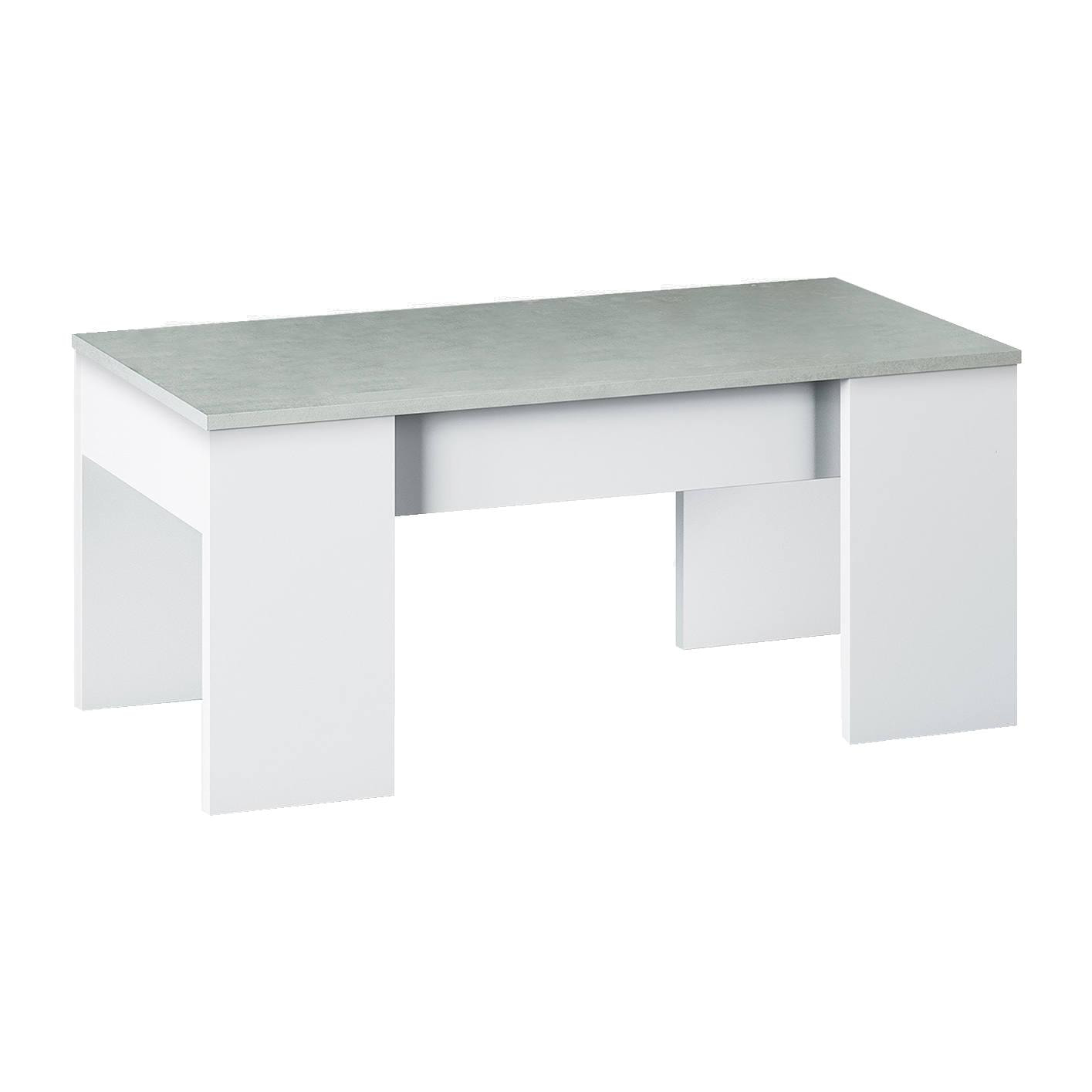 Tavolino da salotto Oceanside, Tavolino da caffè con piano elevabile, Tavolo basso da soggiorno, cm 100x50h45/56, Bianco e cemento