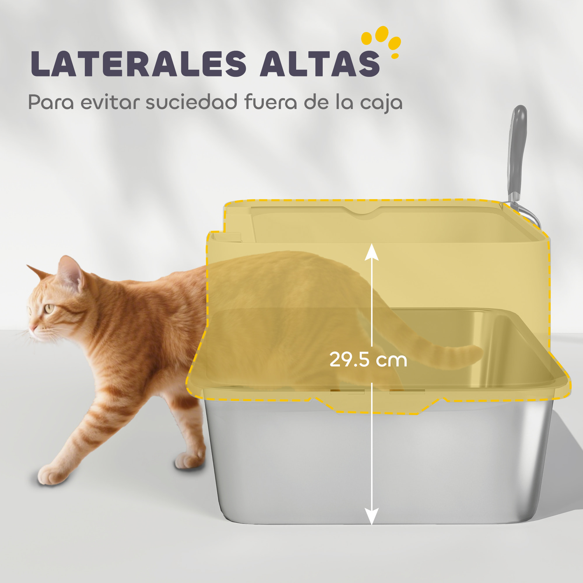 Arenero para Gatos de Acero Inoxidable XL Caja de Arena para Gatos Arenero con Borde Alto Pala Fácil de Limpiar Prueba de Fugas 60x40x29,5 cm Gris