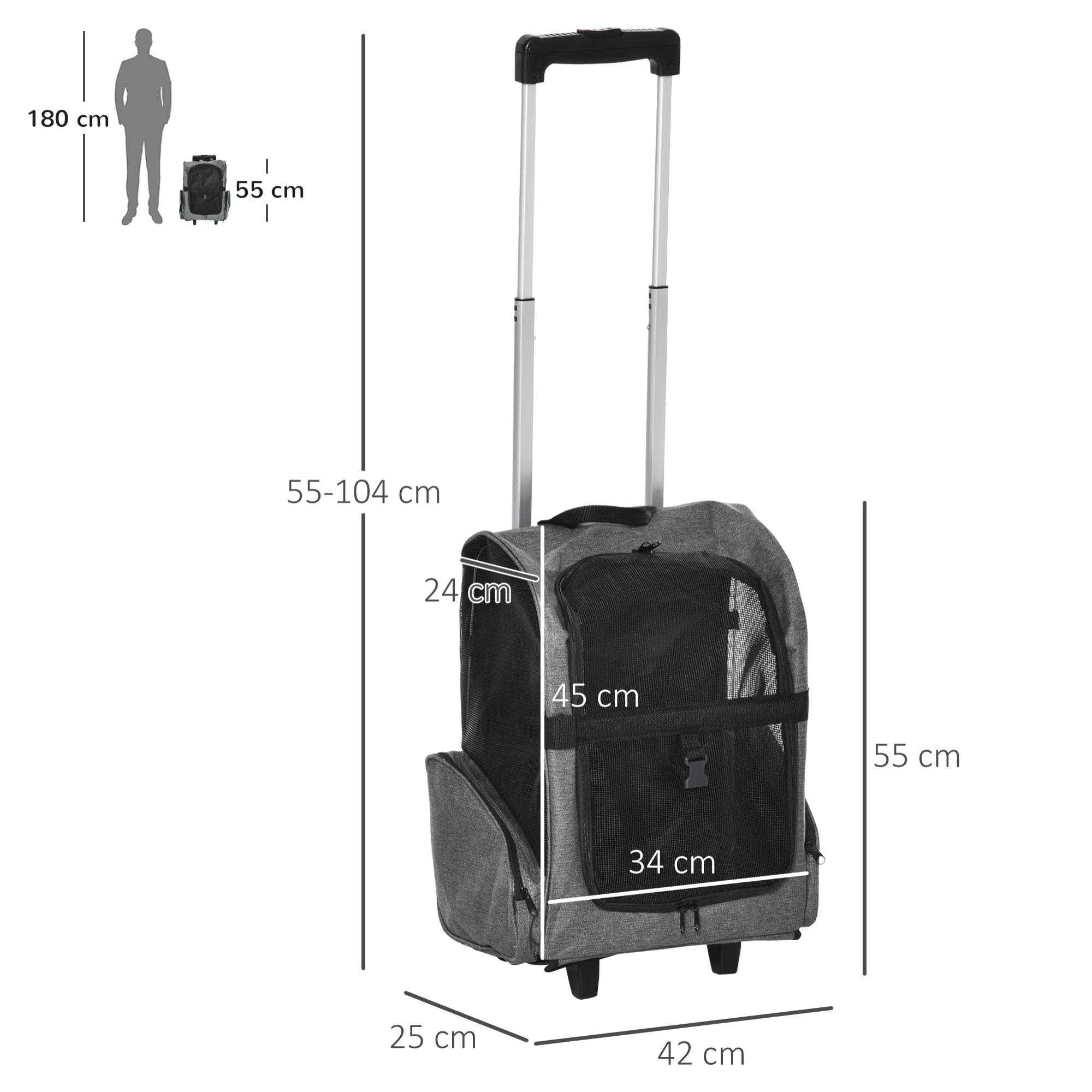 Transportín Carrito para Mascotas 2 en 1 Mochila de Viaje con 2 Ruedas para Perros Gatos con Asa Retráctil de Aluminio y Bolsillos de Almacenaje 42x25x55 cm Gris