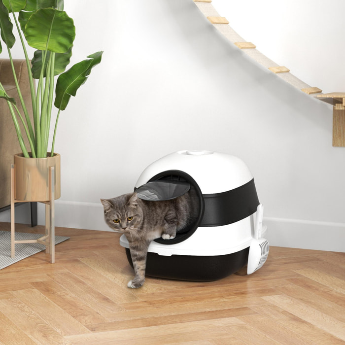 Maison de toilette pliable - bac à litière chat avec porte battante, pelle et filtre inclus - ABS PP blanc noir
