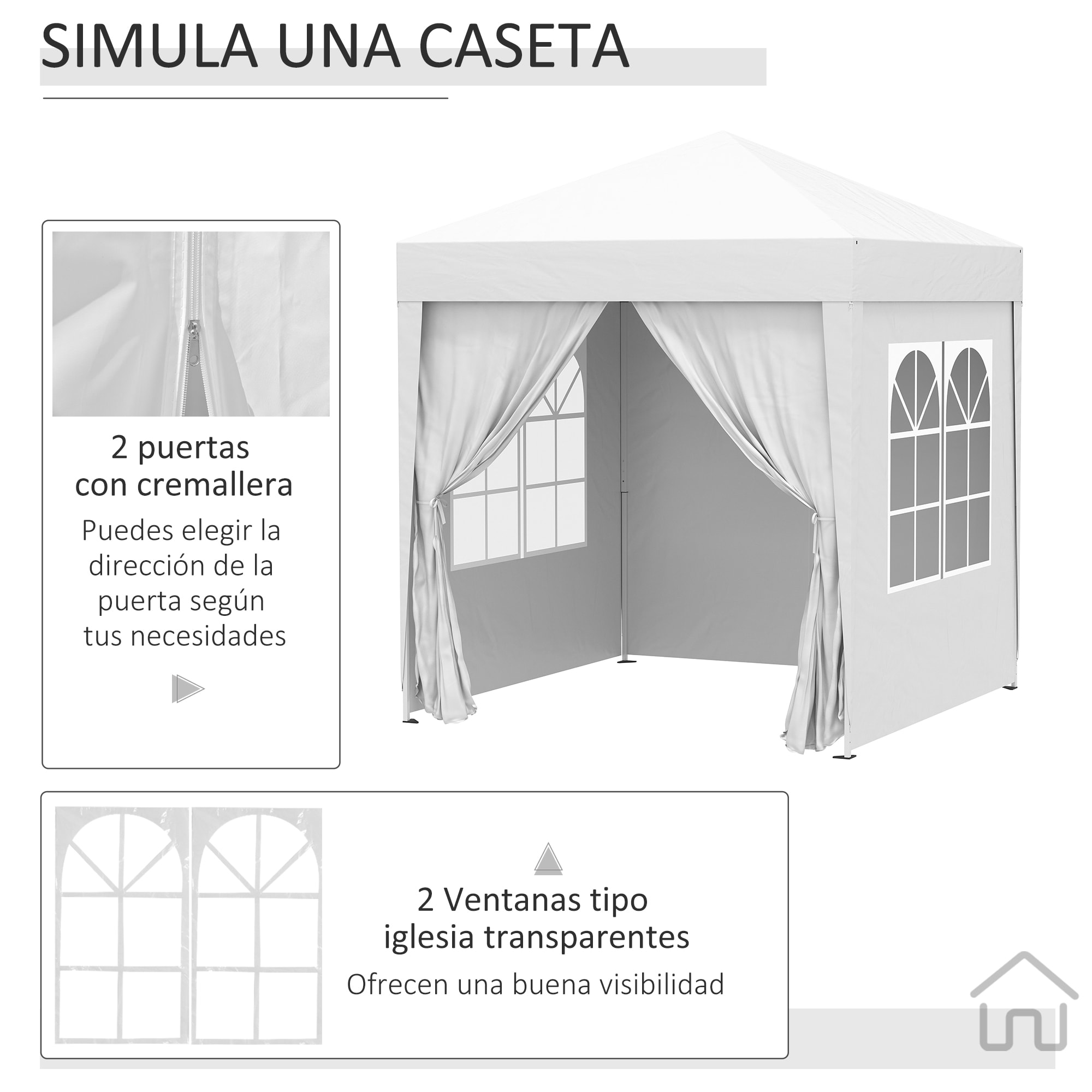 Carpa Plegable 2x2 m Cenador de Jardín con 4 Paredes Laterales Tela Oxford 2 Puertas 2 Ventanas y Bolsa de Transporte para Exterior Terraza Camping Fiestas Blanco