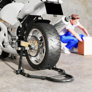 Caballete de Moto, Carga 390 kg, Soporte Delantero y Trasero Universal, Elevador de Moto de Acero con Horquillas Ajustables en U+L, Ruedas y Clips de Sujeción, Negro
