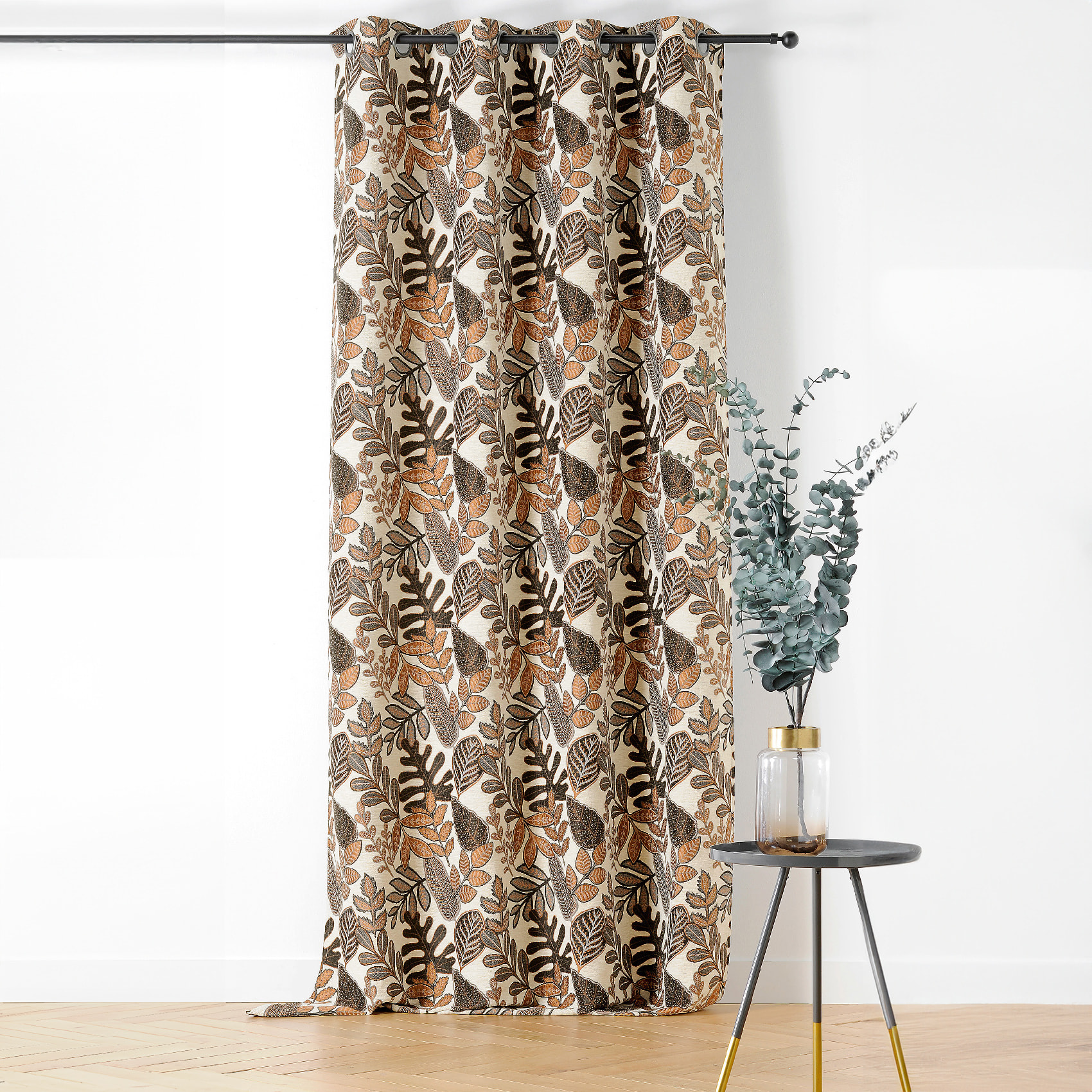 Rideau à Oeillets Motif Végétal Vintage - Marron Brun