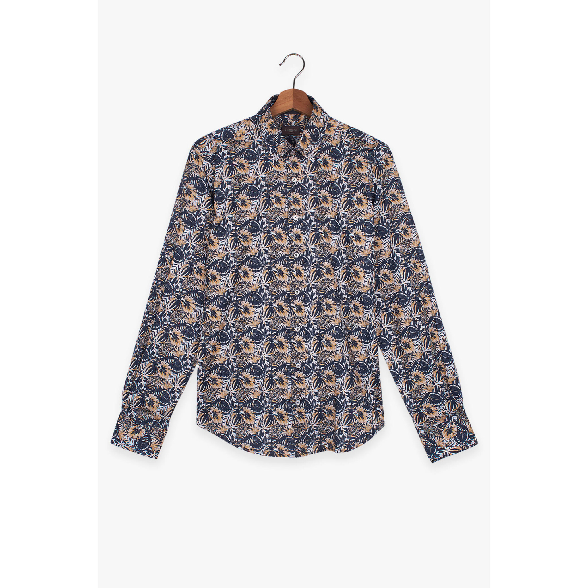 camicia uomo 1 bottone button down slim Popeline Stampato Blu e Arancio Chiaro