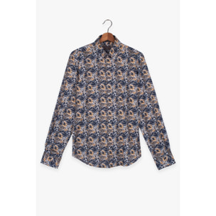 camicia uomo 1 bottone button down slim Popeline Stampato Blu e Arancio Chiaro