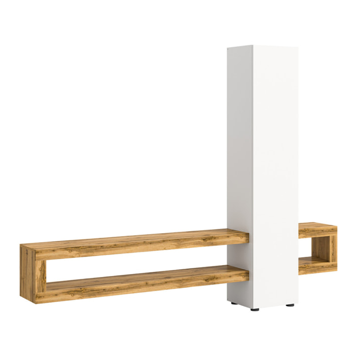 Ned - meuble tv suspendu - 1 porte et 3 étagères - bois et blanc - 240 cm - Bois / Blanc