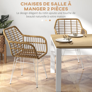 Lot de 2 chaises de salon style bohème piètement épingle acier blanc revêtement résine tressée marron clair