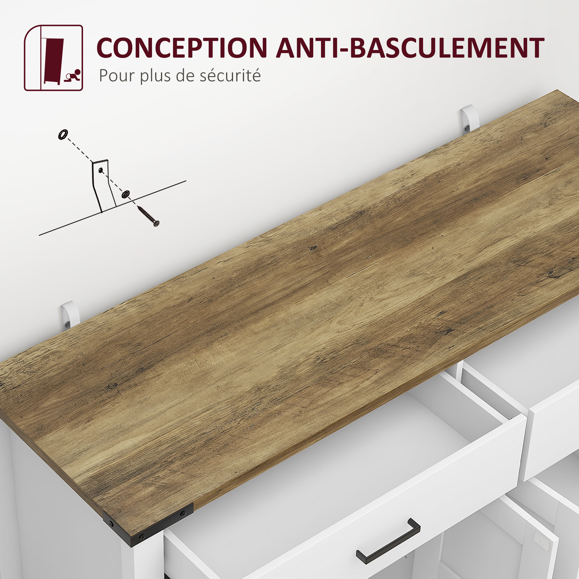 Buffet style rural chic 4 portes façades croisillons 2 étagères 2 tiroirs - dim.120 x 39,3 x 82,5 cm - métal noir effet bois blanc