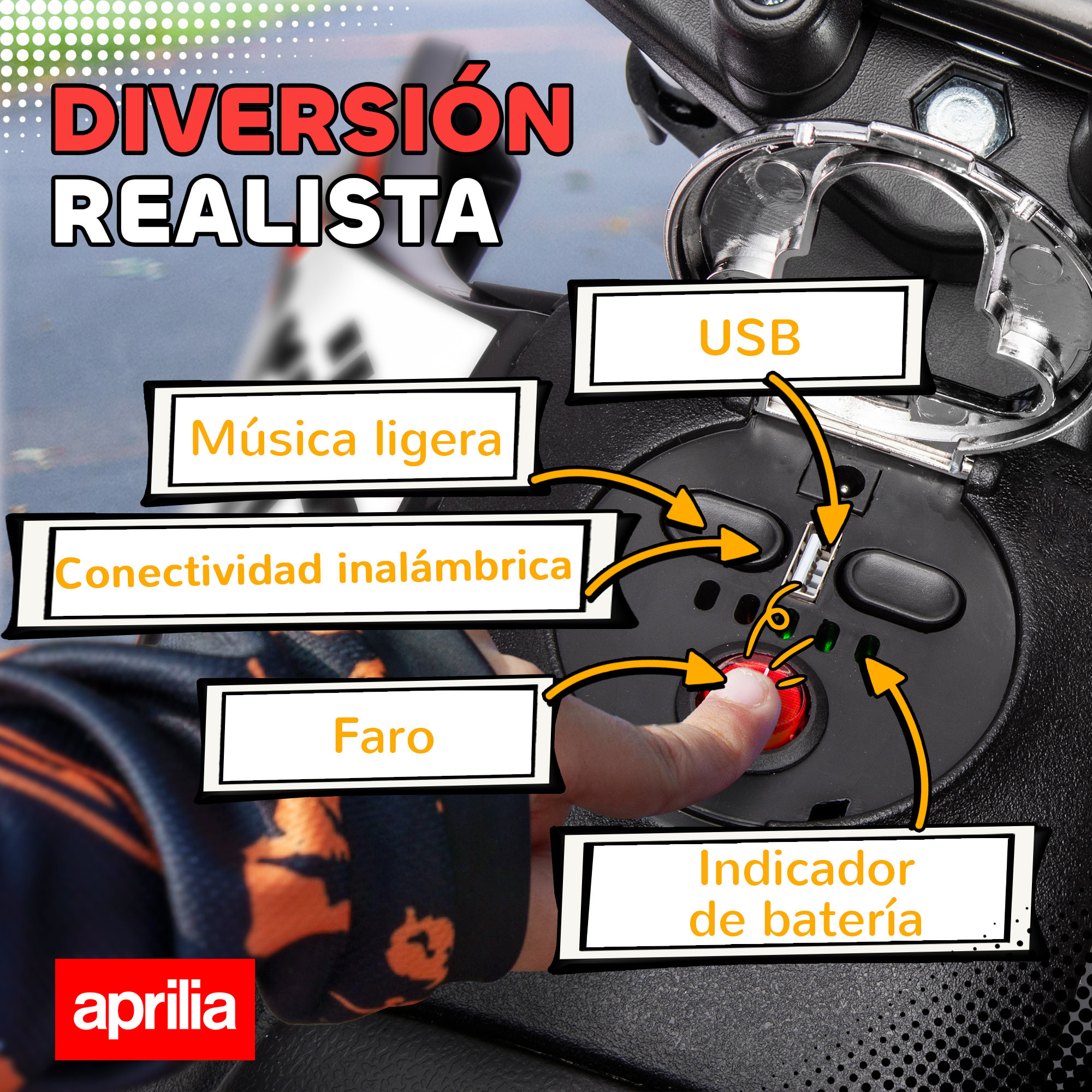 Moto Eléctrica para Niños 12V con Licencia Aprilia, Moto Eléctrica Infantil con Ruedas Auxiliares Desmontables, 6 km/h, Suspensión Trasera, Faro, Música y USB, para Niños 37-96 Meses, Rojo