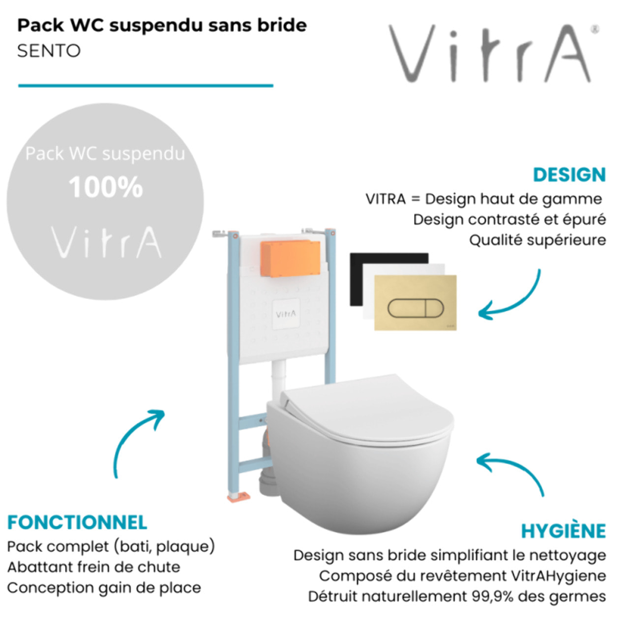 Pack WC suspendu VITRA Sento blanc mat + bâti autoportant V-Fix Core + Plaque Round noir mat
