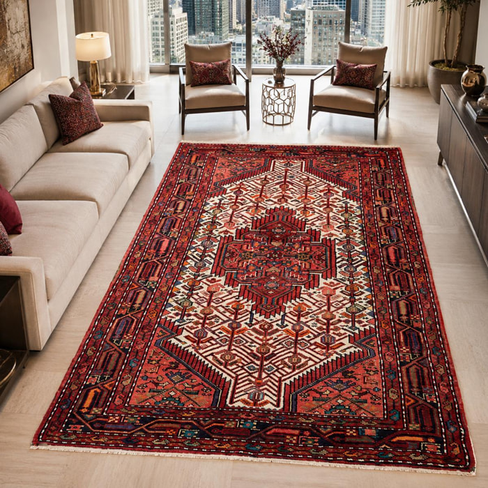 Tapis d'orient, 111 x 175 cm, rouge, bordeaux et crème, artisanal, HAMADAN 24