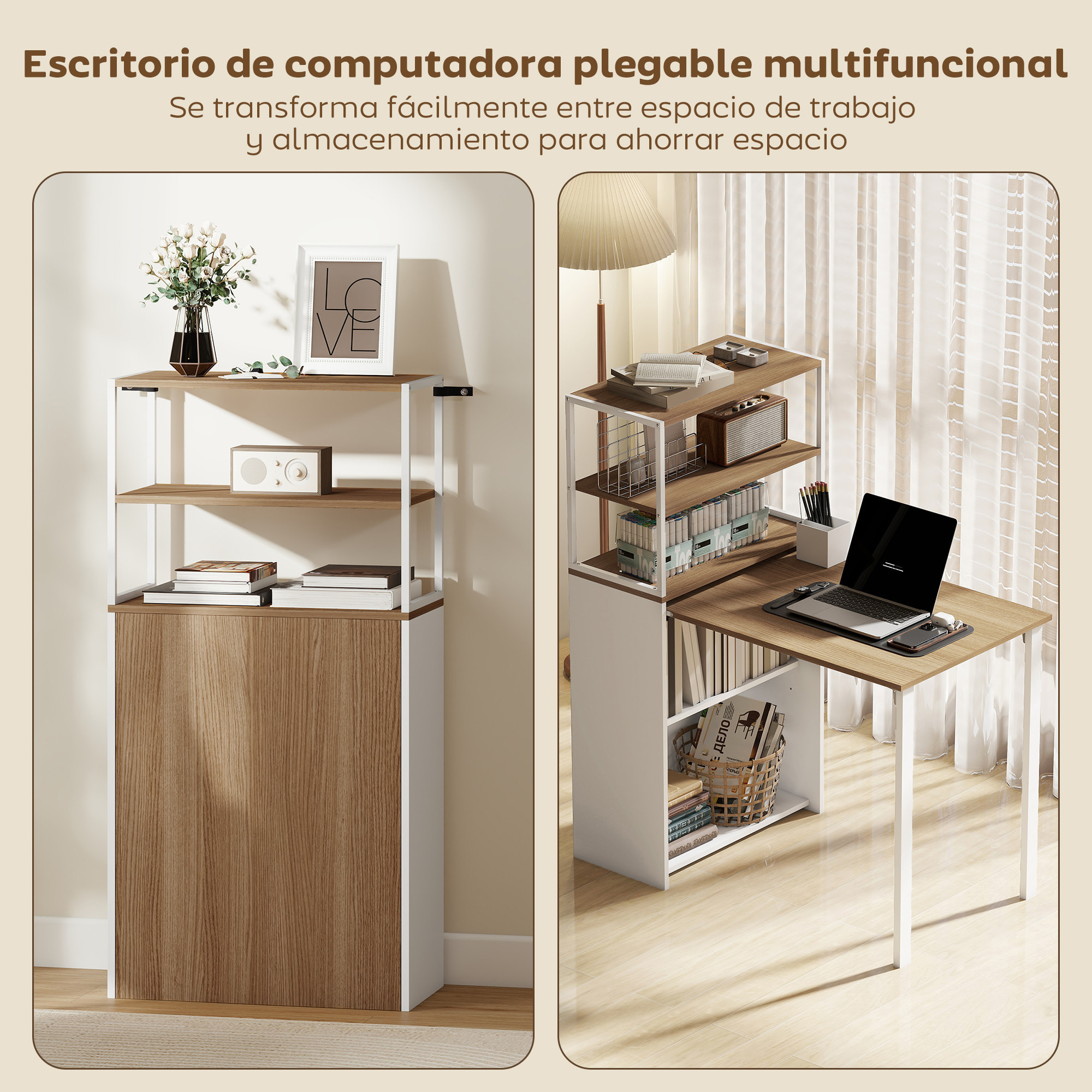 Escritorio Plegable con Estantería, Mesa de Escritorio con 4 Estantes, Mesa de Ordenador para Espacios Pequeños, Estudio, Oficina en Casa, 105x60x127 cm, Natural