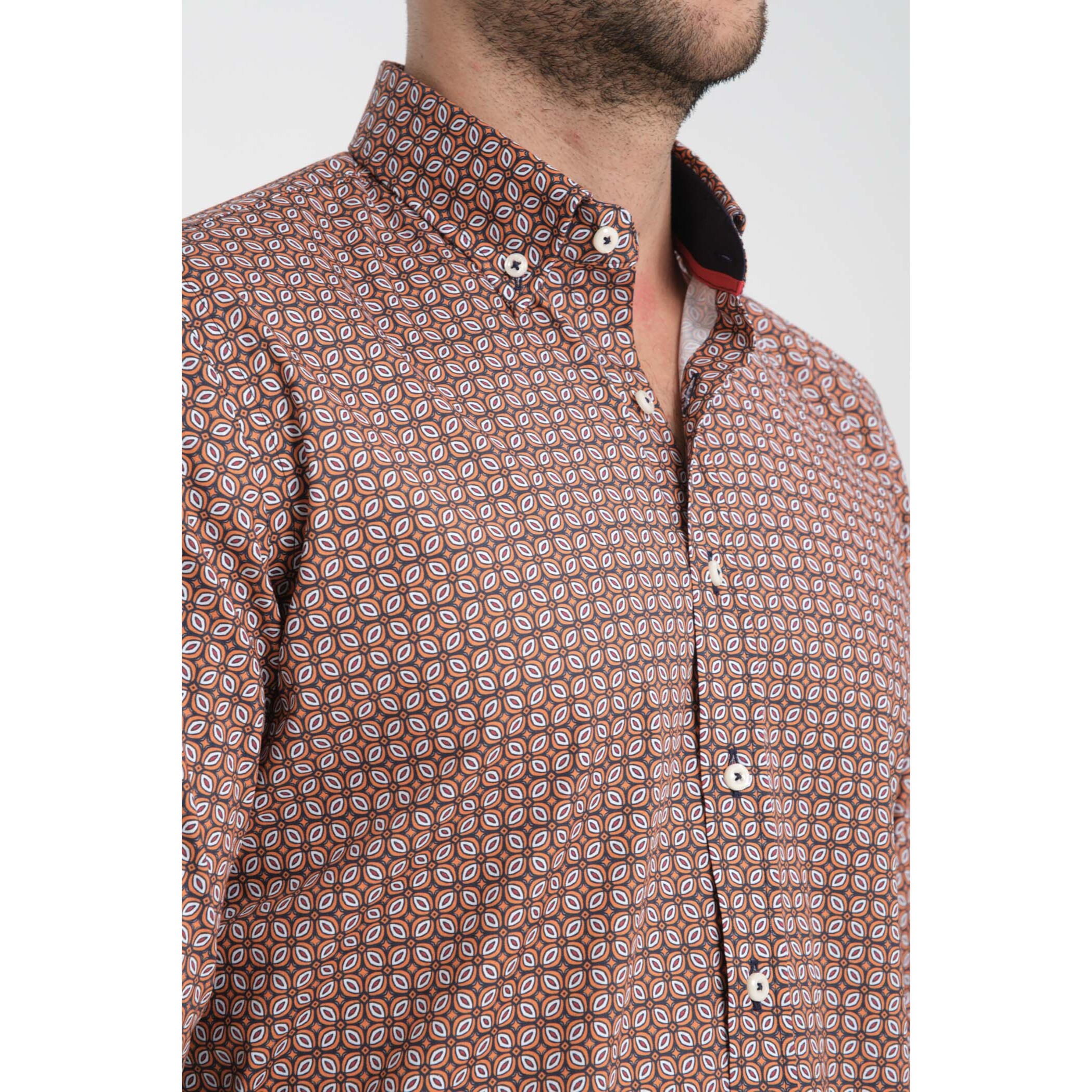 camicia uomo 1 bottone button down slim Popeline Stretch Stampato Blu/Arancio