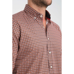 camicia uomo 1 bottone button down slim Popeline Stretch Stampato Blu/Arancio