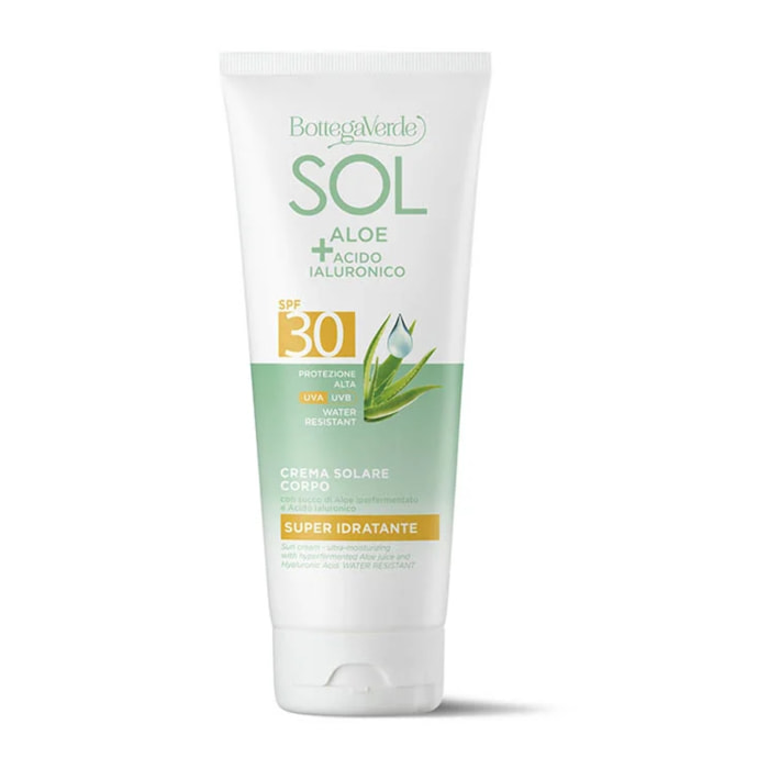 Crema solar - superhidratante - con zumo de Aloe hiperfermentado y Ácido Hialurónico - protección alta SPF30 (200 ml) - resistente al agua